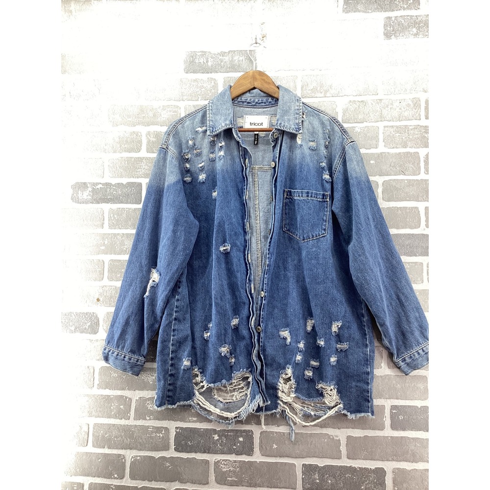 Tricot USA Distressed Denim Shirt Jacket Blue Medium Wash Ripped Frayed Large
